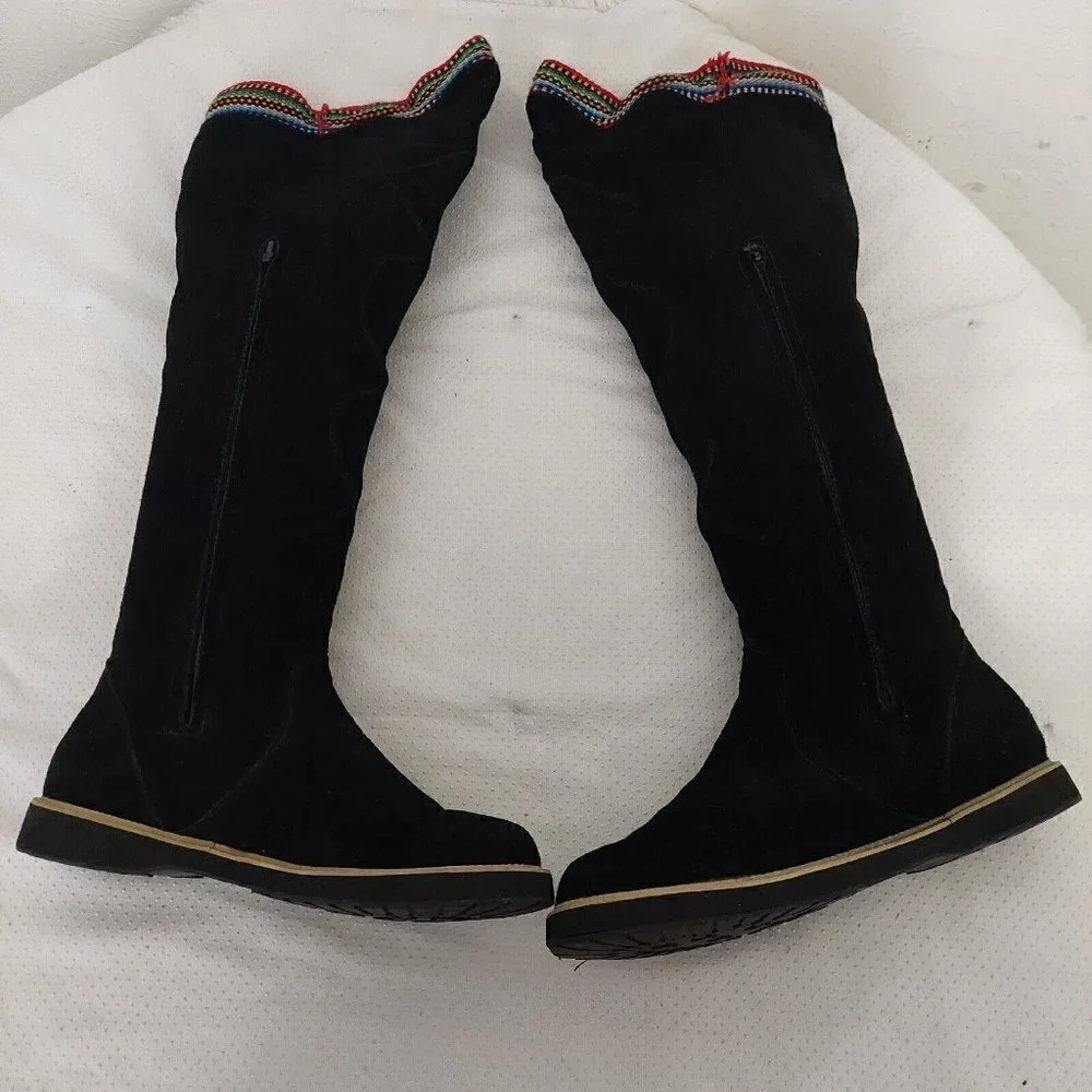 Inca Boot Company Electra Zora Over-The-Knee  Suede Embroidered Boots Black Sz 9
